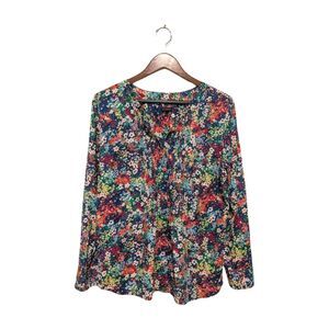 Talbots Pleated Bib Front Shirt Top L Multicolor Busy Floral Print Ruffles